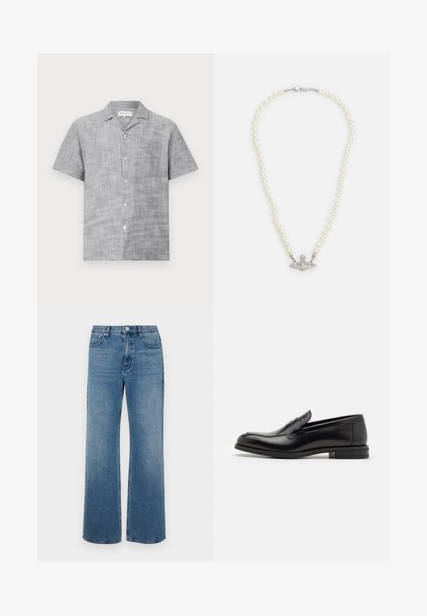 Trumpas rankovėmis pilkas marškinėliai su mygtukais, pagaminti iš tekstūruoto audinio, su apykakle ir mažomis priekinėmis kišenėmis. Turintys šviesius mygtukus.; Platus blaujos džinsai, pagaminti iš dėvėtos džinsinio audinio. Sukurtas su penkiomis kišenėmis, priekiniais sagčių uždarymu ir tiesiu kirpimu.; Juodos odinės loafers, turinčios lygų paviršių, apvalią noselę ir dekoratyvinę juostą per priekinę dalį. Žemas krentantis kulnas, minimalistinis dizainas.; Perlo vėrinys su sidabriniu užsegimu. Sudarytas iš apvalių baltų perlų ir dekoratyvios, deimantais papuoštos centrinės dalies.