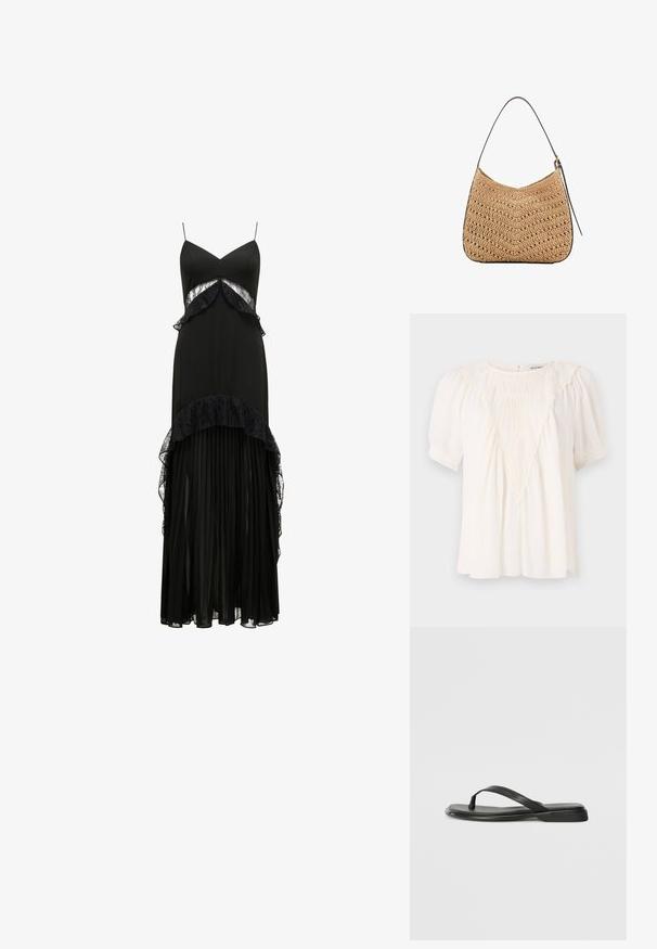 Svetlo smetanasta bluzica iz teksturiranega materiala, z detajlom v obliki V-rampe spredaj, kratkimi nabranimi rokavi in ohlapnim krojem.; Črna maxi obleka s spaghetti naramnicami, čipkastimi detajli, plastenimi volani na pasu in nabranim krilom. Gladka tekstura, eleganten silhueta.; Črne japanke iz gladke usnjene materiale, z tankim trakastim dizajnom in ravnim podplatom minimalnega profila. Brez opaznih vzorcev ali dodatkov.; Tkanina iz slame za ramensko torbico s ukrivljeno obliko, ki ima temno usnjeno naramnico in teksturo s chevron vzorcem.