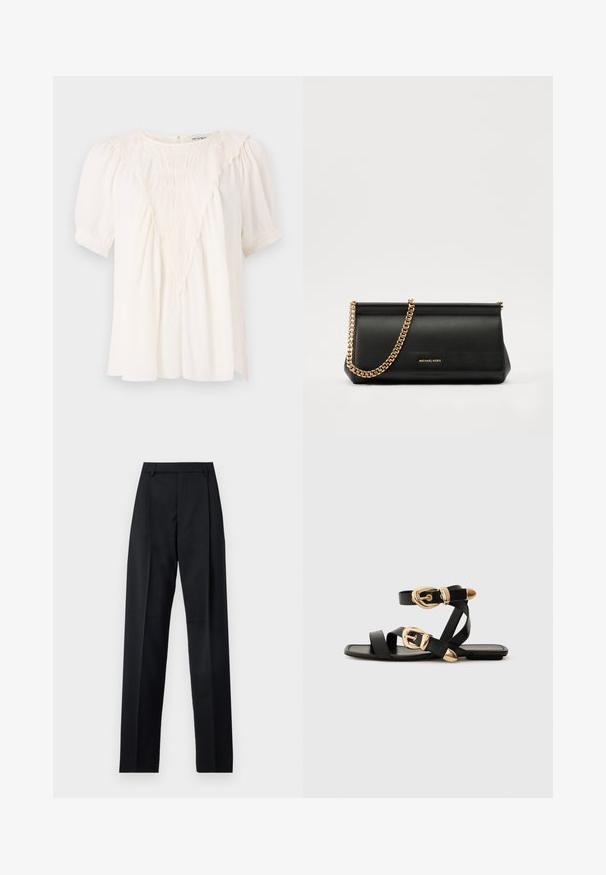 Light cream blouse made of textured fabric, featuring a V-shaped ruffle detail at the front, short puffed sleeves, and a loose fit.; Black trousers made from smooth fabric featuring a high waist, wide legs, front pleats, and classic belt loops. No side pockets visible.; Black leather sandals with gold buckle accents, featuring multiple straps and a flat sole design for open-toe wear.; Black leather clutch bag with a gold chain strap, featuring a smooth texture, rectangular shape, and embossed branding on the front.