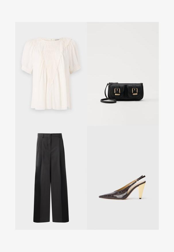 Lys creme bluse lavet af tekstureret stof, der har en V-formet flæse detalje fortil, korte puffede ærmer og en løs pasform.; Sort brede bukser med høj talje, med folder foran, en glat tekstur og en skræddermæssig finish. Designet til en afslappet pasform.; Spids-tå slingback hæl i mørkebrun blank fake krokodillelæder. Har en guldfarvet geometrisk hæl og justerbar ankelrem.; Sort læder crossbody taske med to frontlommer, guldspænder, lynlåslukning og en slank rem. Struktureret overflade og kompakt rektangulær form.