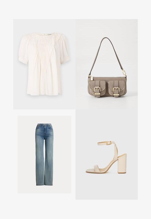 Ljus krämfärgad blus i texturerat tyg, med en V-formad volangdetalj framtill, korta puffärmar och en lös passform.; Högmidjade, raka blå jeans med framfickor, bälteshällor och knäppning, med subtila blekta detaljer.; Beige högklackad sandalett med fyrkantig tå, tunn ankelrem och klack. Slät lädertextur med detaljer i guld.; Beige texturerad handväska med justerbar rem, två framfickor säkrade med spännen och guldiga detaljer. Dragkedjestängning upptill.