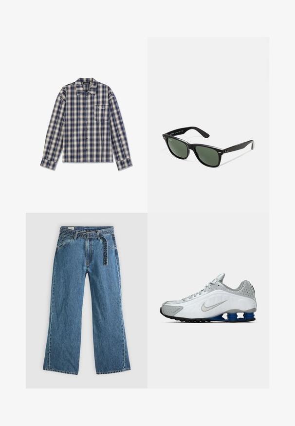 Camisa de manga longa xadrez em azul marinho e creme, com abertura de botões à frente, colarinho e um pequeno bolso no peito com texto branco.; Jeans de ganga azuis de perna larga com cinto preso, bolsos frontais e costura visível sobre um fundo claro.; Sapatilha de corrida Nike branca e cinza com swoosh prateado, unidades de sola azul em forma de mola e pisada preta sobre um fundo plano.; Óculos de sol de plástico preto com lentes verdes, armações quadradas, detalhe prateado na sobrancelha e hastes texturizadas. Marca indicada na parte interna da haste.