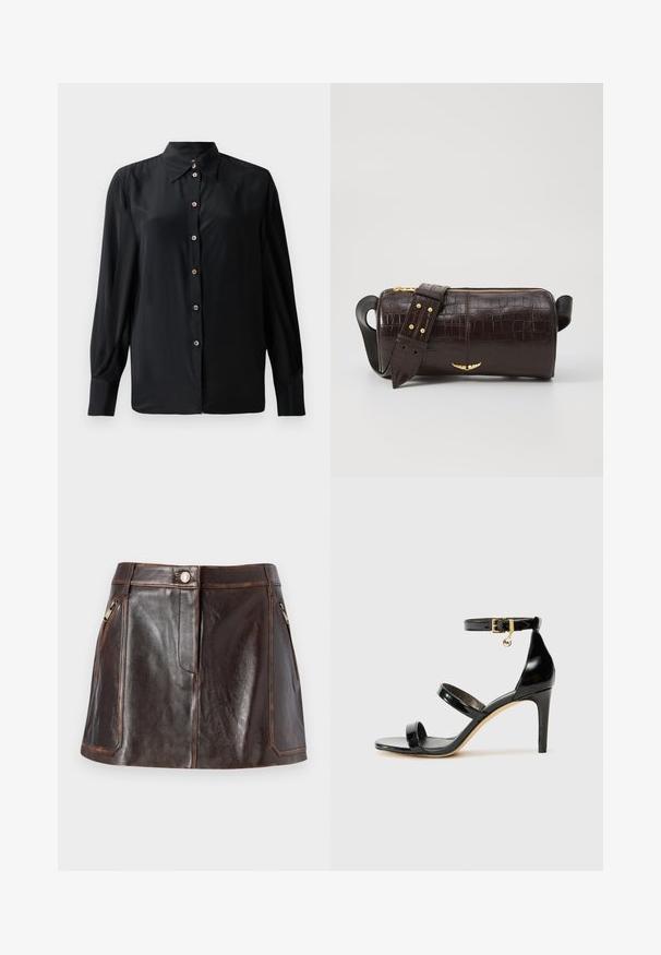 Camisa preta de mangas longas feita de um tecido suave, com um colarinho clássico e uma frente com botões decorativos. Sem padrões visíveis.; Saia mini em pele castanha com um design elegante, dois bolsos laterais com zíper e costuras em contraste ao longo das bordas.; Sandal de couro envernizado preto com três tiras, fivela no tornozelo e salto agulha de 10 cm. Apresenta detalhes em hardware dourado e um charme com logotipo.; Bolsa de couro com textura de crocodilo na cor marrom, com forma cilíndrica, metalizações em tom dourado e uma alça destacável com tachas.