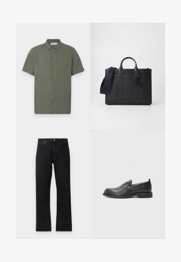 Koszula o krótkich rękawach w kolorze oliwkowej zieleni, wykonana z fakturowanej tkaniny, z zapięciem na guziki z przodu i klasycznym kołnierzem.; Czarne jeansy denimowe o prostym kroju, z zapięciem na guzik, pięcioma kieszeniami oraz subtelnymi detalami stębnowania.; Czarne skórzane mokasyny z gładkim wykończeniem, płaską podeszwą i zaokrąglonym czubkiem, ozdobione paskiem na górze.; Ciemnogranatowa skórzana teczka z podwójnymi rączkami u góry i odpinanym paskiem. Posiada teksturowane wykończenie, pionowe przeszycia oraz detal z logo.