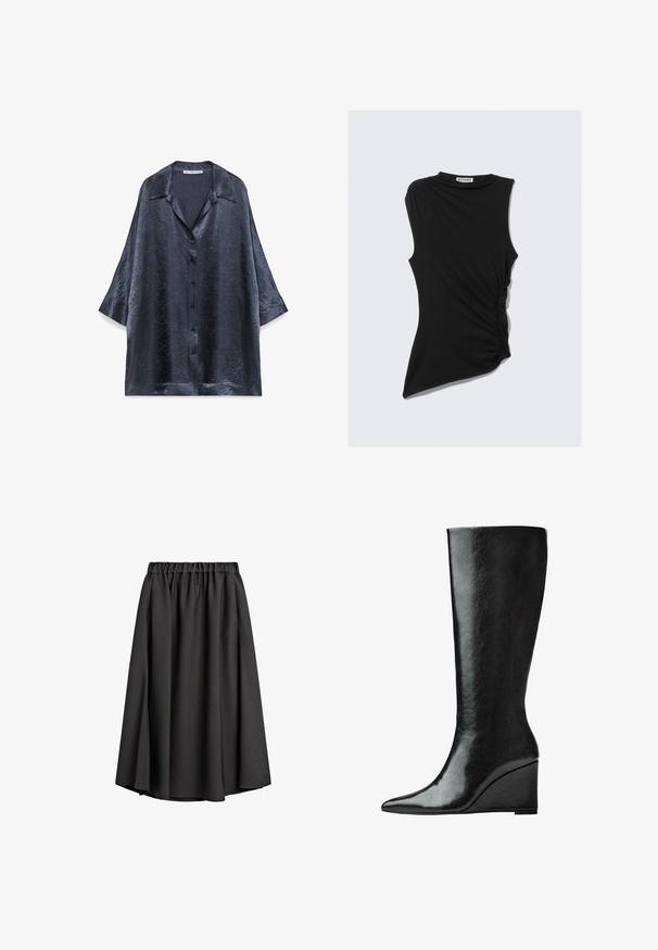 Blusa blu scuro, texture con finitura lucida, con bottoni frontali e maniche corte. Presenta un colletto classico e una vestibilità ampia e morbida.; Top nero senza maniche con dettaglio arricciato sul lato e orlo asimmetrico. Realizzato in tessuto morbido e elasticizzato. Collo rotondo.; Gonna nera midi realizzata in tessuto leggero e fluido, con vita elasticizzata e una leggera silhouette a A. Nessun motivo o accento visibile.; Stivali in pelle nera alti fino al ginocchio, con punta affilata e tacco a zeppa. La superficie è liscia con una finitura lucida.
