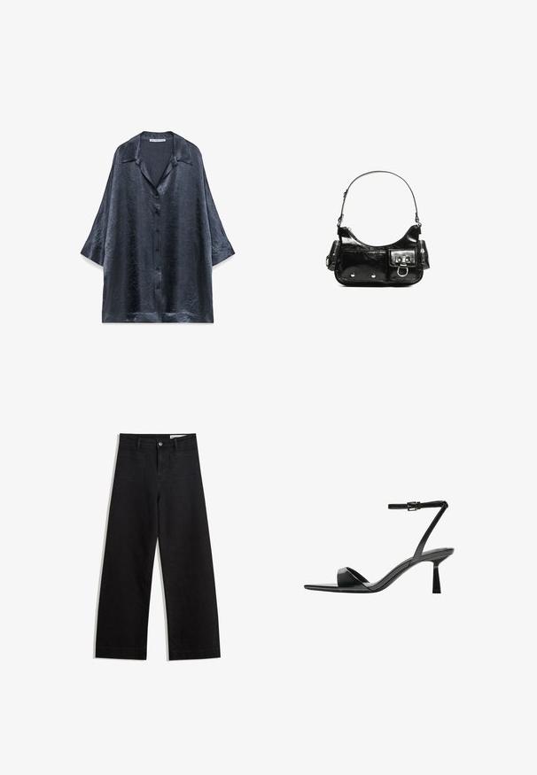 Donkerblauwe, textuur blouse met een glanzende afwerking, knoopsluiting aan de voorkant en korte mouwen. Heeft een klassieke kraag en een losse, oversized pasvorm.; Zwarte denim broek met wijde pijpen en een hoge taille, voorzien van voor- en achterzakken, gestikte naden en een knoopsluiting. Gladde textuur.; Bershka Sandalen met hoge hak - black; Zwarte laarzen in lakleer met een gebogen vorm, één schouderband, voorvakken en accenten in zilverkleurig metaal.