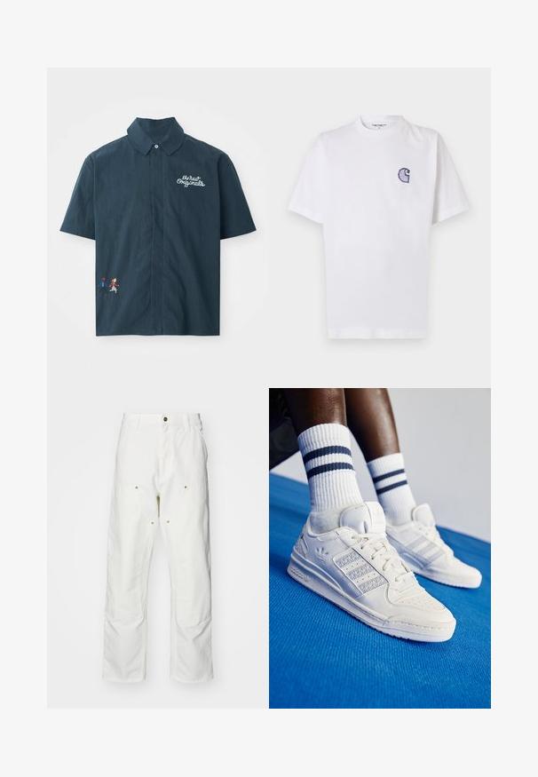 Lühikeste varrukatega tumehall puuvillane särk, millel on nööbid all. Sellel on valges tikitud tekst ja värviline pikseliseeritud paaride disain.; Valge puuvillane t-särk lühikeste varrukatega, ümara kaelusega ja vasakul rinnal väike tikitud sinine "C" logo.; Valged puuvillased cargo püksid, millel on mugav lõige. Omadusteks on esikotid, kuldse riistvara aktsendid ja tugevdatud põlveosad.; Valge nahast jooksujalatsid, millel on perforatsioonidega detailid, kolm metallilist triipu ja tekstureeritud külgpaneel. Kanna valgeid sokke, millel on sinised triibud.