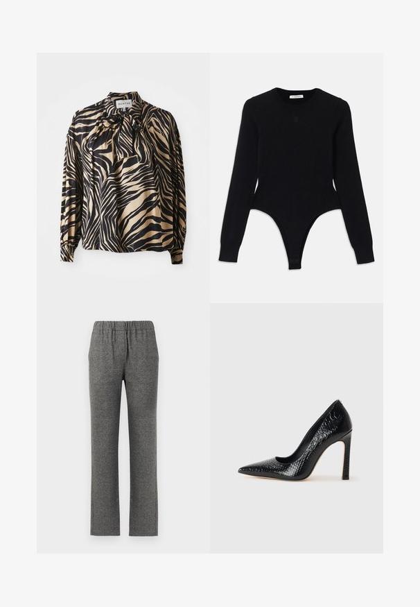 Ilgas rankovės marškiniai iš lygaus audinio, dekoruoti drąsia juoda ir auksine zebro juostele, su peteliškės detale prie kaklo.; Juodas ilgomis rankovėmis bodis su apvaliu iškirpimu, prigludusia siluetu ir thong tipo apačia. Pagamintas iš minkštos, elastinės medžiagos, užtikrinančios komfortą.; Pilki, tekstūruoti kelnės su elastinga juosmeniu ir tiesiomis kojomis. Yra subtilus raštas, suteikiantis papildomo vizualinio intereso.; Juoda smailiakulnė aukšto kulno bateliai su krokodilo odos tekstūra, pasižymintys elegantišku dizainu, aukštu stiletu kulnu ir lygia juoda vidine dalimi.