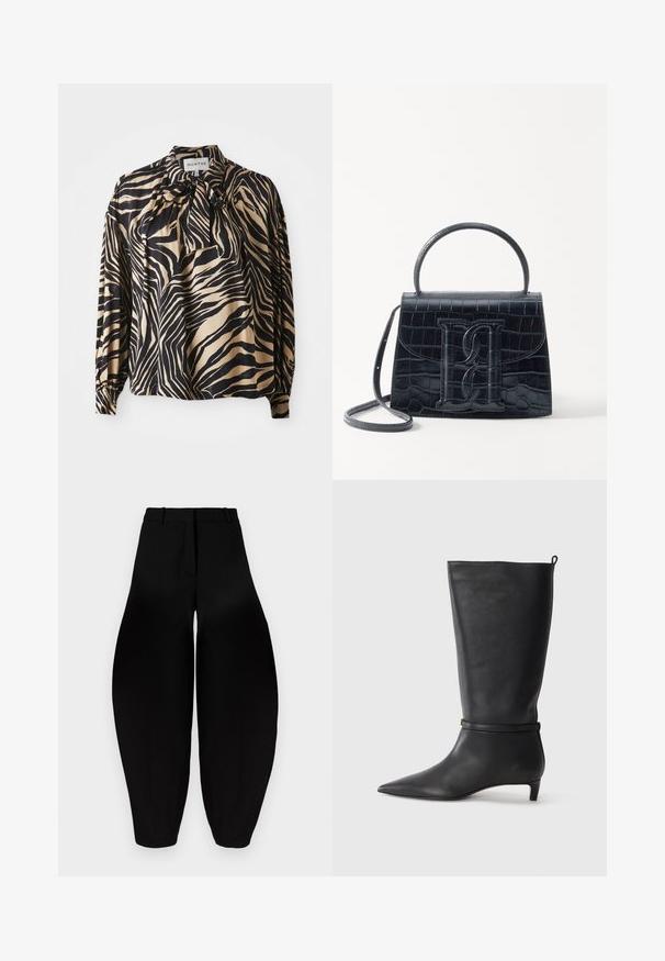Koszula z długim rękawem wykonana z gładkiego materiału, zdobiona wyrazistym wzorem w czarno-złote pasiaki zebry, z kokardą przy dekolcie.; Czarne spodnie o szerokich nogawkach z wysokim stanem, z plisowanym przodem i zwężanymi kostkami. Wykonane z gładkiego materiału o matowym wykończeniu.; Czarne skórzane kozaki do kolan z ostro zakończonym noskiem, ozdobione okrągłym paskiem wokół kostki oraz niskim, zwężanym obcasem. Gładka tekstura.; Czarna torebka z tłoczonej skóry krokodyla o zorganizowanej konstrukcji, z górnym uchwytem, regulowanym paskiem i wyraźnym detalem z logo z przodu.
