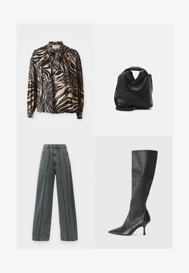 Pitkähihaisen paidan sileä kangas, jossa on rohkea musta ja kultainen seeprahanskuvio, ja solmion yksityiskohta kauluksessa.; Harmaat leveät farkut korkealla vyötäröllä, joissa on raidoitusta alaspäin kulkevissa, rispaantuneissa saumoissa ja klassinen viiden taskun muotoilu.; Polvisuuriset mustat nahkasaappaat, joissa on terävä kärki ja hoikka stiletto-korko. Silkkinen pinta, tiukka muotoilu ja ompeleet yläreunassa.; Mustan, pehmeän nahkabagin ainutlaatuinen kierretty muotoilu. Varustettu lyhyellä kahvalla ja irrotettavalla olkahihnalla. Minimalistinen tyyli.