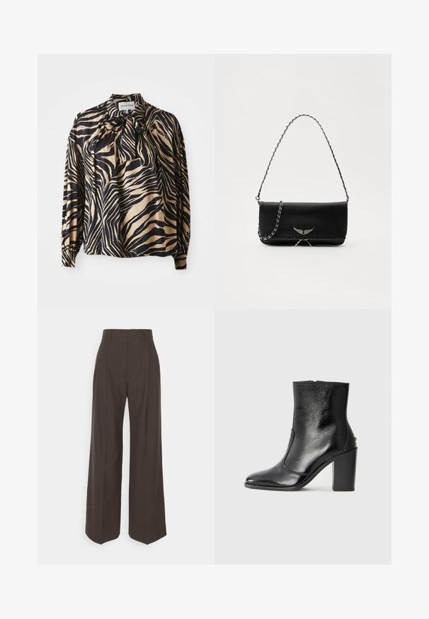 Majica z dolgimi rokavi iz gladkega materiala z drznim črno-zlatim vzorcem zebre, z detajlom metuljčka pri ovratniku.; Temno rjave široke hlače z visokim pasom, ki imajo lepo stisnjene gube, gladko teksturo in krojen fit.; Črne usnjene gležnarske čevlje z gladko teksturo, koničastim nosom in debelim visokim petam. Imajo stransko odprtino in minimalističen dizajn.; Črna usnjena torbica s srebrnim verižnim ročajem, ki ima okrasne krilate poudarke in belo šivanje ob spodnjem šivu.