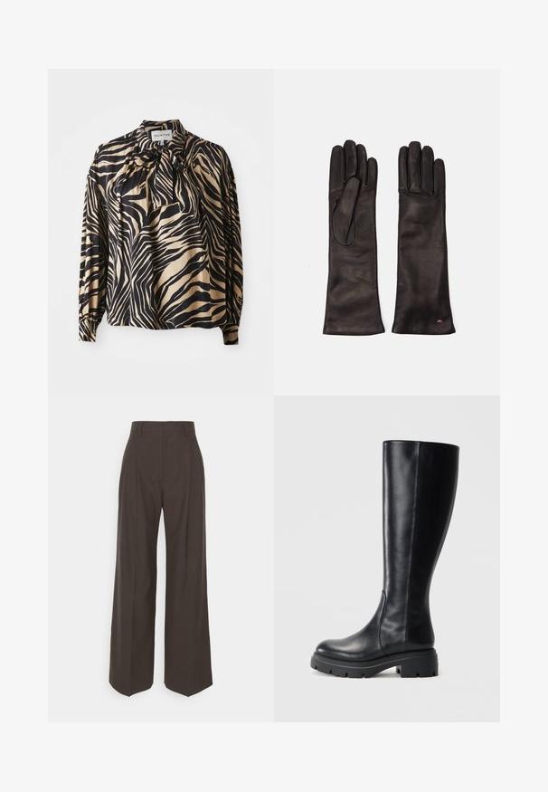 Long-sleeve shirt in smooth fabric featuring a bold black and gold zebra stripe pattern, with a bow tie detail at the neckline.; Dark brown wide-leg trousers with a high waist, featuring neatly pressed creases, smooth texture, and a tailored fit.; Black knee-high boots made of smooth leather, featuring a rounded toe and a chunky rubber sole with tread patterns for traction.; Weekend Max Mara SENAPE - Gloves - nero