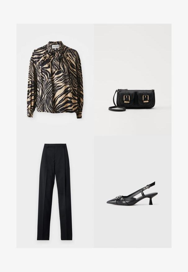 Langsleeve shirt in een gladde stof met een gedurfd zwart en gouden zebrapatroon, met een strikje bij de hals.; Zwarte broek gemaakt van gladde stof met een hoge taille, wijde benen, voorplooien en klassieke ceintuurlussen. Geen zijzakken zichtbaar.; Zwarte leren slingback schoen met een puntige neus, decoratieve banden met metalen oogjes en een lage blokhak. Textuur oppervlak.; Zwarte leren schoudertas met twee vo pockets, gouden gespen, ritsluiting en een smalle band. Tekstuur oppervlak en compacte rechthoekige vorm.