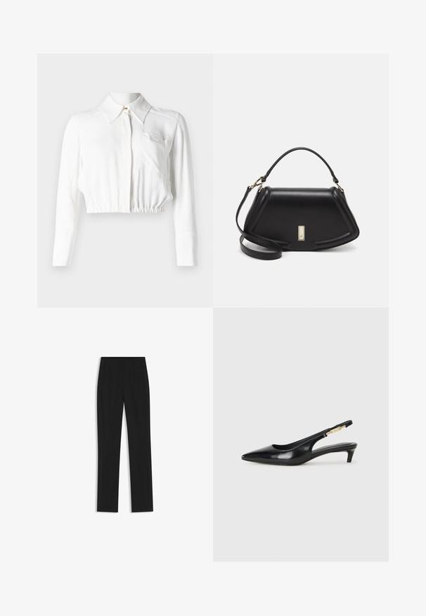 Camicetta bianca corta con maniche lunghe, colletto a punta, chiusura frontale con bottoni e una tasca sul petto. Tessuto liscio e leggero.; Pantaloni neri su misura con un design a gamba dritta, dotati di tasche frontali e un tessuto liscio e strutturato. Dettagli ordinati e minimalisti.; Tacchi slingback in pelle nera con punta affusolata, caratterizzati da un tacco alto e un accento dorato sulla cinghia regolabile. Texture liscia.; Borsa a mano in pelle nera con un design strutturato, caratterizzata da una forma corta, manico superiore e accessori in metallo dorato. Inclusa tracolla regolabile.