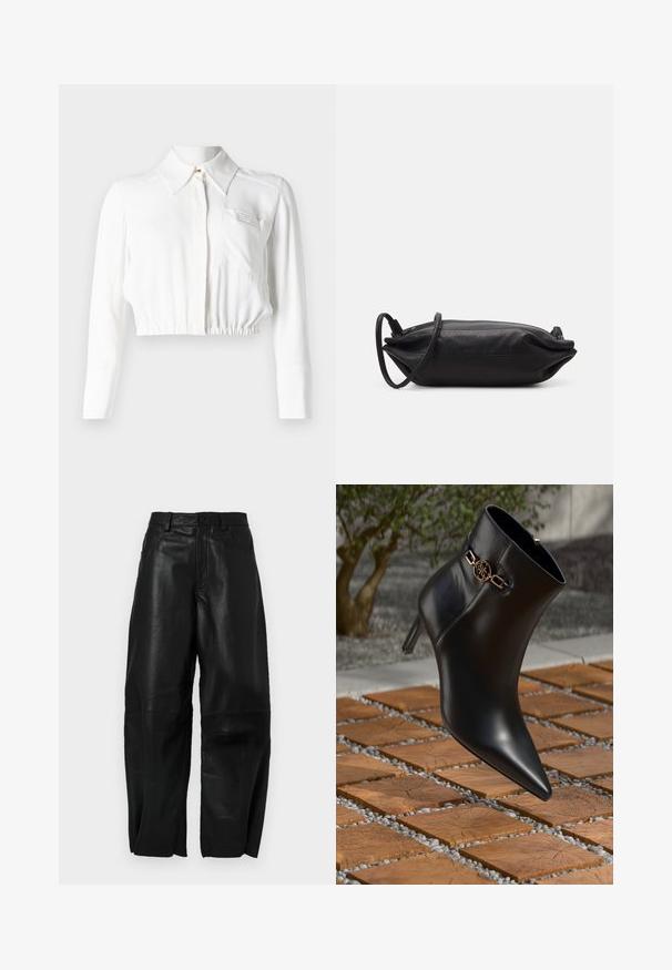 Vit kortärmad blus med långa ärmar, spetsig krage, knappslå framtill och en enkel bröstficka. Slätt, lättviktigt tyg.; Svarta läderbyxor med lös passform, med en rak bendesign, framfickor och synliga sömdetaljer.; Svart läderankelstövel med spetsig tå och liten klack. Har en guldkedjeaccent vid ankeln. Omgiven av en texturerad stenytan.; Svart läderkuvertväska med rektangulär form, slät yta, tunn axelrem och minimalistisk design.