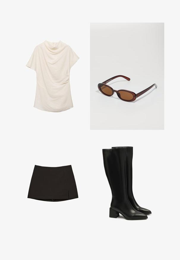 Top corto a maniche corte color crema con scollatura drappeggiata, caratterizzato da un tessuto testurizzato e una vestibilità morbida, ideale per outfit casual o sovrapposti.; Minigonna nera in tessuto liscio, con design dritto, spacchi laterali e orlo pulito. Semplice e versatile.; Stivali in pelle neri al ginocchio con punta affusolata e tacco a blocco largo. Texture liscia, cuciture minimali e un semplice dettaglio con chiusura a zip.; Occhiali da sole rotondi con tonalità marrone, montatura lucida color bordeaux. Aste sottili con un sottile dettaglio del marchio. Design delle lenti piatte.; Borsa hobo in pelle nera con una forma morbida, grande apertura a taglio e due tasche laterali. Texture morbida e dettaglio con tracolla annodata.