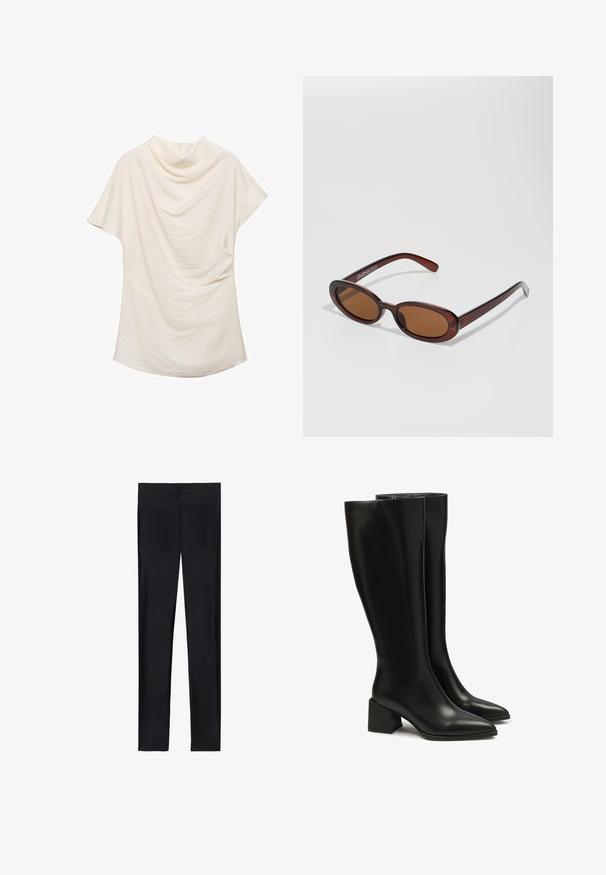 Cream-colored short-sleeve top with a draped neckline, featuring textured fabric and a loose fit, ideal for casual or layered outfits.; Black leggings made of stretchy fabric; features a smooth texture, full-length design, and an elastic waistband without visible seams.; Black knee-high leather boots with a pointed toe and chunky block heel. Smooth texture, minimal stitching, and a simple zip closure detail.; Round, brown-tinted sunglasses with a glossy burgundy frame. Slim arms with subtle branding detail. Flat lens design.; Black leather hobo bag with a slouchy shape, large cut-out opening, and two side pockets. Soft texture and knotted strap detail.