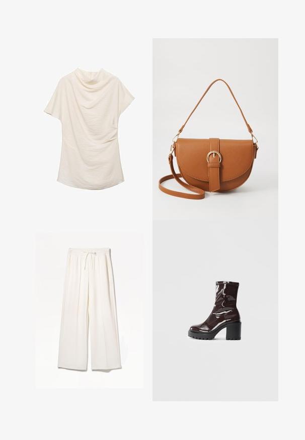 Kremasti kratkouhi majica s drapiranim izrezom, koja se odlikuje teksturiranom tkaninom i slobodnim krojem, idealna za ležerne ili slojevite kombinacije.; Bijele široke hlače napravljene od laganog materijala, s elastičnim pojasom, vezicom i bočnim džepovima bez vidljivih uzoraka.; Sjajna burgundska čizma do gležnja s debelim crnim potplatom, koja se odlikuje glatkom teksturom i jednostavnim dizajnom. Nema vidljivih kopčanja ili uzoraka.; Smeđa kožna torba preko tijela s zakrivljenim oblikom, zlatnim metalnim detaljima i naglaskom na kopču. Ima odvojivu naramenicu.