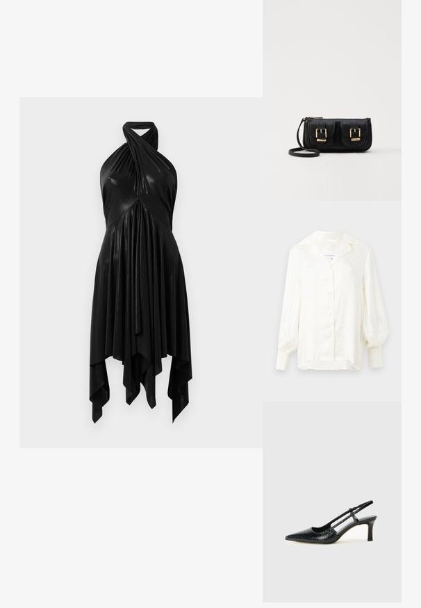 Valge pluus tekstuurse mustriga, suuruse järgi ülemine krae ja puffse varrukatega. Omab nupuga kinnihoidmismehhanismi ja rütmiga mansetid. Kerge kangas.; Must mustrabilecek riiet, millel on langev disain. Valmistatud läikivast materjalist, millel on keeratud kaelus ja asümmeetriline serv. Sujuv tekstuur.; Mustmust paelad, millel on terav varvas, tekstuuriga maduprindiga, reguleeritav rihm ja lühike tekstuuriga plokknina.; Must küllastamata nahast õlakott, millel on kaks esist nähtavat taskut, kuldsed pandlad, tõmblukuga sulgemine ja peen rihm. Tekstuuriga pind ja kompaktne ristkülikukujuline kuju.