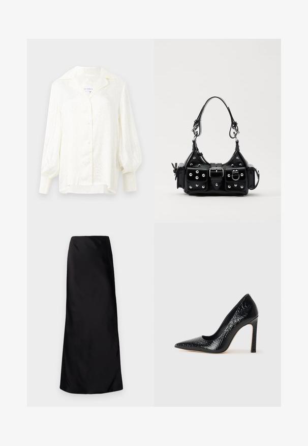 Weiße Bluse mit strukturiertem Muster, übergroßem Kragen und puffartigen Ärmeln. Verfügt über eine Knopfverschluss und gerüschte Bündchen. Leichter Stoff.; Norma Kamali BIAS OBIE SKIRT - Maxirock - black; Schwarzer, spitz zulaufender High Heel mit Krokodilleder-Struktur, elegantem Design, hohem Stiletto-Absatz und glattem schwarzen Innenraum.; Schwarze Lederhandtasche mit einem geschwungenen Design, verziert mit silbernen Nieten, einer Schnalle und zwei seitlichen Taschen. Verstellbarer Träger für verschiedene Tragemöglichkeiten.