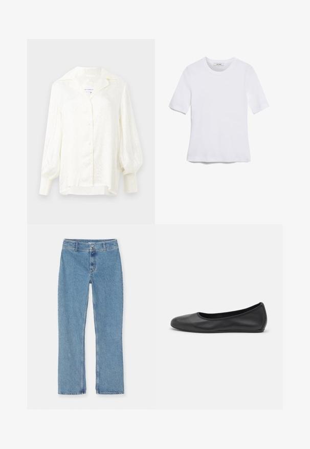 Witte blouse met een textuurpatroon, oversized kraag en pofmouwen. Voorzien van knopen sluiting en gesmocfte manchetten. Lichtgewicht stof.; Witte korte mouwen t-shirt van ribstof. Ronde halslijn, normale pasvorm en subtiele stiksels. Geen patronen of grafische elementen.; Lichtblauwe recht gesneden denim jeans met knoop- en ritssluiting, riemlussen en standaard stiksel op een witte achtergrond.; Zwarte leren ballerina met een ronde neus, gladde textuur, minimale stikdetails en een flexibele zoolontwerp.