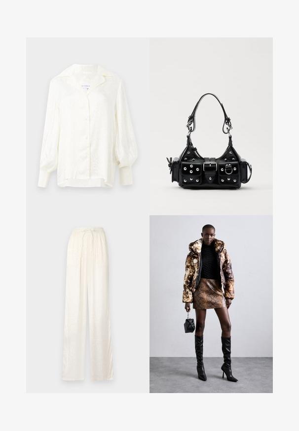 Hvid bluse med et tekstureret mønster, overdreven krave og pufærmer. Har knaplukning og smockede manchetter. Letvægtsstof.; Hvide, løstsiddende bukser med en let, satinagtig tekstur. Har en elastisk talje med en bundet snor og en diskret mønster.; Pufferjakke med et brunt og sort mønster, parret med en brun slangeskinds mini nederdel, sorte støvler op til knæet og en lille sort taske.; Sort læderhåndtaske med et buet design, prydet med sølvfarvede nitter, en spænde og to sidelommer. Justerbar rem til forskellige bære muligheder.
