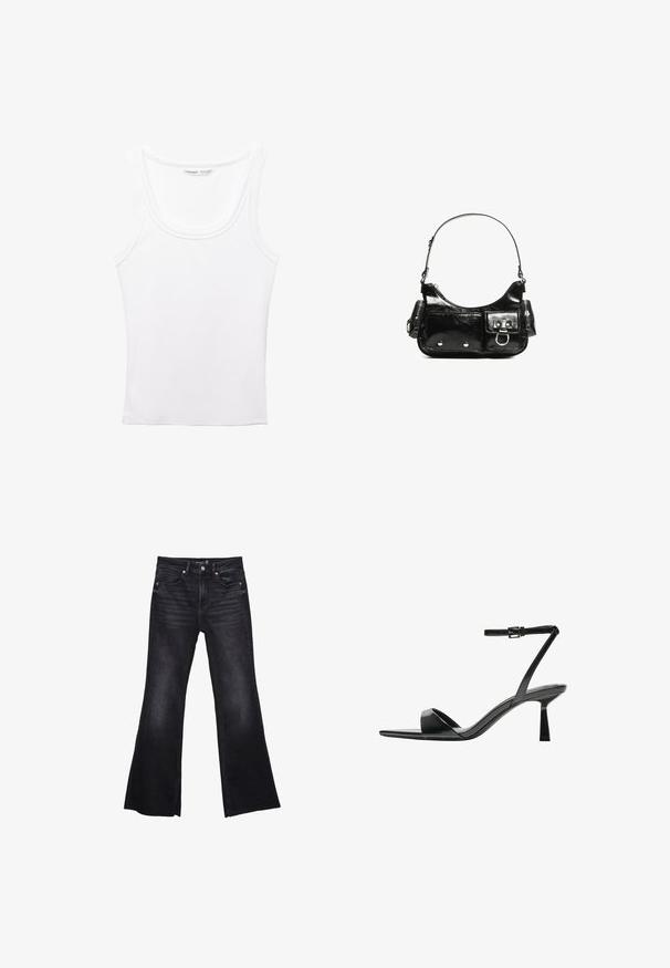 PULL&BEAR - Top; Czarne dżinsy w kształcie dzwonów, wykonane z denimu o lekko zblakłej fakturze. Posiadają przednie kieszenie, rozporek na zamek i widoczne akcenty przeszycia.; Bershka - Sandały na obcasie; Czarna torebka z lakierowanej skóry o zaokrąglonym kształcie, z jednym paskiem na ramię, przednimi kieszeniami i akcentami w kolorze srebrnym.