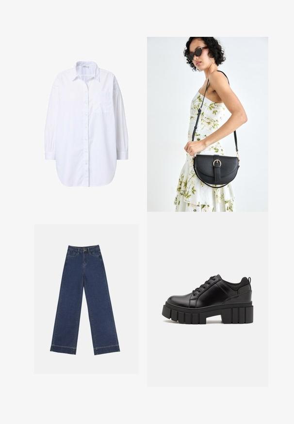 Studio Untold TONAL PINSTRIPE - Blusa - off white; Jeans de pierna ancha en denim azul oscuro. Presenta cinco bolsillos, trabillas para cinturón y un dobladillo sin acabados en la parte inferior con detalles de costura visibles.; Zapatos de plataforma de cuero negro con un tacón cuadrado grueso, punta redonda y diseño tradicional de cordones. Presenta una textura suave y un detalle minimalista.; Bolso de piel negra con forma curva, correa desmontable y herrajes dorados. El bolso cuenta con una solapa con un detalle de hebilla.