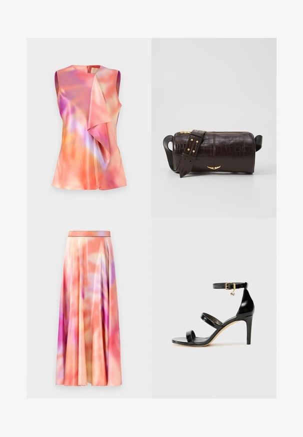 Top sem mangas em tecido de cetim, apresentando um padrão abstrato colorido em tons de rosa, laranja e violeta, com um design frontal drapeado.; Saia maxi em tecido leve, semelhante ao cetim, com uma mistura de tons de rosa, laranja e roxo, apresentando uma superfície suave e um design plissado.; Sandal de couro envernizado preto com três tiras, fivela no tornozelo e salto agulha de 10 cm. Apresenta detalhes em hardware dourado e um charme com logotipo.; Bolsa de couro com textura de crocodilo na cor marrom, com forma cilíndrica, metalizações em tom dourado e uma alça destacável com tachas.