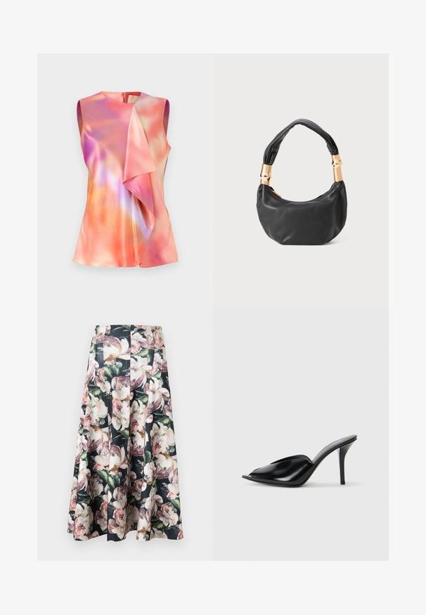 Top bez rukávov z saténového materiálu, ktorý má farebný abstraktný vzor v odtieňoch ružovej, oranžovej a fialovej, s drapériou vpredu.; Kvetinová midi sukňa s čiernym pozadím a veľkými farebnými potlačami pivoniek. Plisovaný dizajn a lemovanie s hladkou textúrou.; Čierne kožené vysoké podpätky s otvorenou špičkou, špicatý dizajn, hladká textúra a štíhly stiletto podpätok.; Čierna kožená kabelka s guľatým tvarom, príjemnou textúrou a uzlíkovou rukoväťou s akcentmi zlatého tónu. Zipsové uzatvorenie.