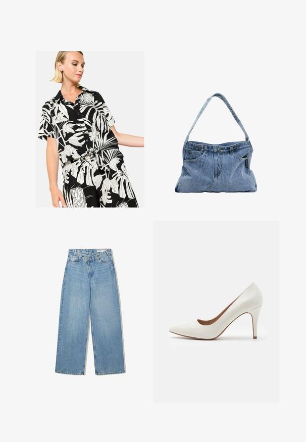 LolaLiza WITH TROPICAL PRINT - Overhemdblouse - black; Lichtblauwe wijde jeans van denim, met een hoge taille, vijf zakken, knoopsluiting en subtiele vervaging voor textuur.; Witte laarzen van patenter leer met een scherp neus en een glad oppervlak, met een slanke hak en een lage uitsnede rond de opening.; Denim schoudertas met een gebogen hengsel, twee voorzakken en een knoopsluiting aan de bovenkant, met lichtblauwe stof en contrasterende stiksels.; Gouden maas choker ketting met een platte, flexibele vormgeving. Heeft een kettinguitbreiding voor aanpasbare lengte. Soepele textuur, minimalistische uitstraling.
