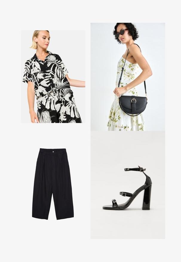 LolaLiza - Bluzka; Czarne spodnie culotte z poliestru z elastycznym pasem, dwoma fałdami z przodu i luźnym krojem. Brak widocznych wzorów lub elementów metalowych.; Czarne lakierowane sandały na obcasie z kwadratowym noskiem, z paskami wokół kostki i srebrnymi klamrami. Posiadają masywny słupek dla stabilności.; Czarna skórzana torebka o zakrzywionym kształcie, z odpinanym paskiem i złotymi akcentami. Torebka posiada klapę z zapięciem w kształcie klamry.