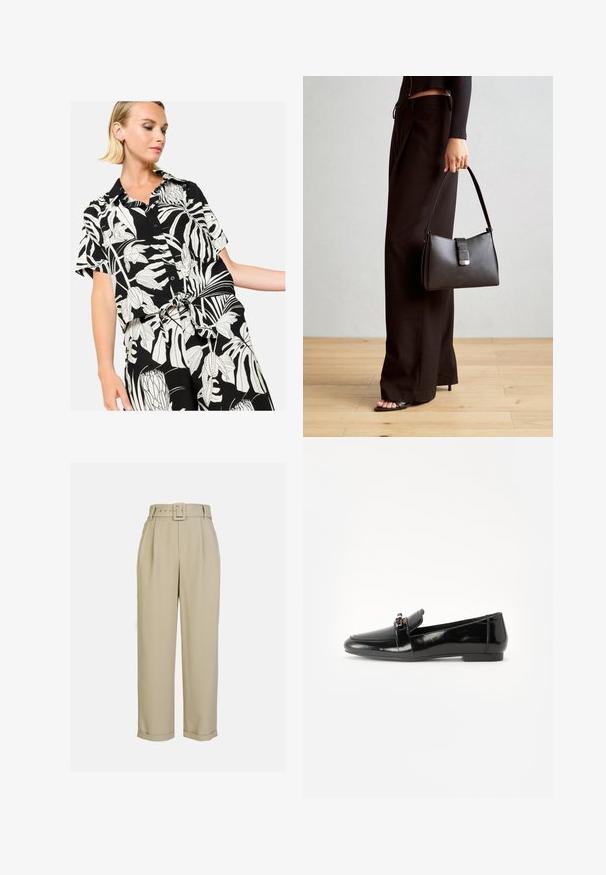 LolaLiza WITH TROPICAL PRINT - Blúzka so zapínaním na gombíky - black; Béžové vysoké nohavice s širokým strihom, s plisovaním, zodpovedajúcim pásom s obdĺžnikovou prackou a manžetovými lemami.; Čierne lakované kožené mokasíny s rovnou podrážkou, zaoblenou špičkou a ozdobným pásikom s akcentom v zlatej farbe. Hladký, lesklý povrch.; Čierna kabelka so štruktúrovaným tvarom, hladkou textúrou a kovovou sponou. V kombinácii so širokými čiernymi nohavicami a sandálmi s otvorenou špičkou na drevenej podlahe.