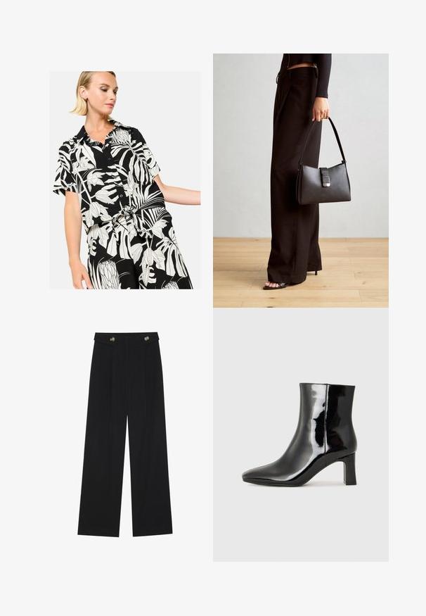 LolaLiza WITH TROPICAL PRINT - Paitapusero - black; Mustat leveälahkeiset housut, joissa on korkea vyötärö, napit vyötärönauhassa ja etupuolella laskokset.; Musta patenttilakattu nilkkuri, jossa on terävä kärki ja keskipitkä lohkarekorko. Silkkinen pinta ja minimalistinen muotoilu.; Musta käsilaukku, jossa on rakenteellinen muoto, sileä pinta ja metallinen solki. Yhdistetty leveisiin mustiin housuihin ja avonaiheisiin sandaaleihin puulattialla.