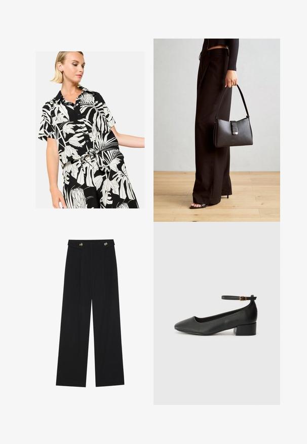 LolaLiza WITH TROPICAL PRINT - Hemdbluse - black; Schwarze weite Hosen mit hoher Taille, Knopfdetails am Bund und vorderen Falten.; Schwarze Lederpumps mit spitzem Zehenbereich und niedrigem Blockabsatz. Mit einem Knöchelriemen und einer goldfarbenen Schnalle. Glatte Textur.; Schwarze Handtasche mit strukturierter Form, glatter Textur und einem metallischen Verschluss. Kombiniert mit weiten schwarzen Hosen und offenen Sandalen auf einem Holzboden.