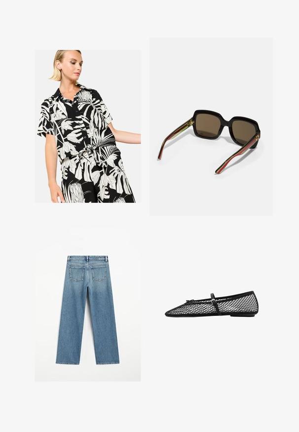 LolaLiza WITH TROPICAL PRINT - Camicia - black; Jeans in denim azzurro chiaro con un taglio a gamba larga, dotati di due tasche posteriori e orlo sfilacciato. Realizzati in tessuto di cotone testurizzato.; Ballerina nera in rete con punta affusolata, cinghia decorativa e accento sottile. Presenta un design a rete aperta e suola piatta.; Occhiali da sole neri oversize con lenti marroni. Presentano bracci unici a strisce verdi e rosse, con dettagli in metallo dorato. Forma quadrata.