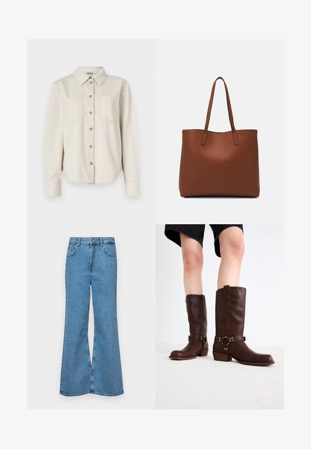 Bežs džinsu krekls ar garām piedurknēm, pogu aizdare, divas krūšu kabatas un klasisku apkakli. Mīksta tekstūra ar noapaļotu apakšmalu.; Gaiši zili, platā piegriezuma džinsi, kas izgatavoti no denima, ar augstu jostasvietu, piecām kabatām un vienu pogu. Mīksta tekstūra ar nolietotu apdari.; Brūni ādas līdz ceļiem zābaki ar noapaļotu purngalu, teksturētu virsmu, potītes siksnu un sudraba detaļām; zābaku papēdis ar slāņiem.; Brūna ādas iepirkumu soma ar gludu tekstūru, atvērta augšdaļa un divas plecu siksnas. Izceļas ar minimālām šuvēm un redzamu aparatūru nav.