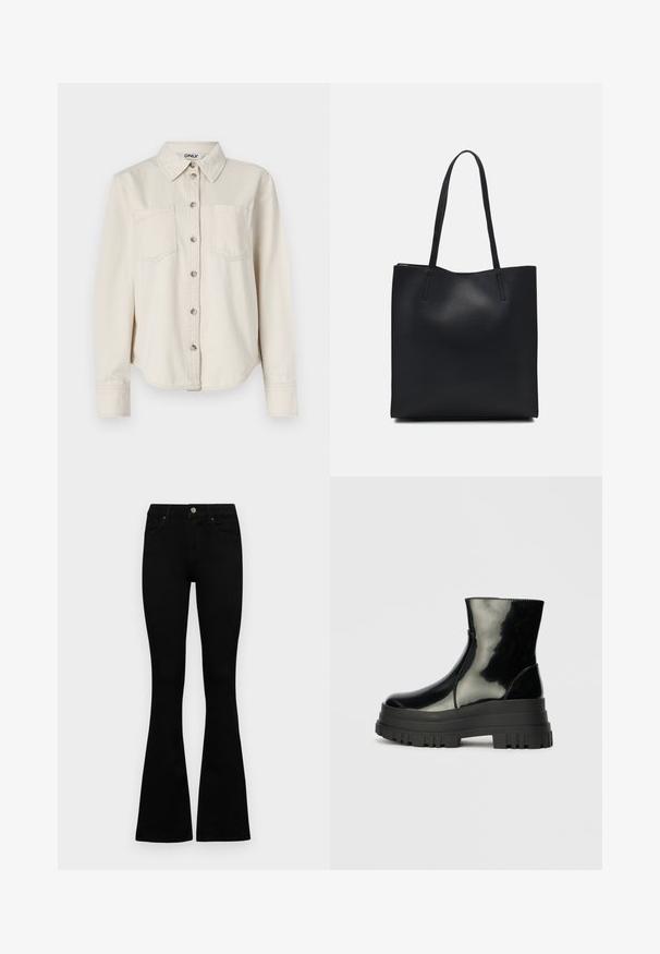 Camisa de mezclilla beige con mangas largas, cierre de botones, dos bolsillos en el pecho y un cuello clásico. Textura suave con un detalle de dobladillo redondeado.; Jeans negros de cintura alta con cierre de botón y cremallera, bolsillos frontales y piernas acampanadas, dispuestos sobre un fondo blanco.; Botín negro brillante hasta el tobillo con suela gruesa y redondeada, vista lateral sobre un fondo gris claro liso.; Bolso tote de cuero negro con textura lisa, forma rectangular y dos asas largas. Sin herrajes ni adornos visibles.