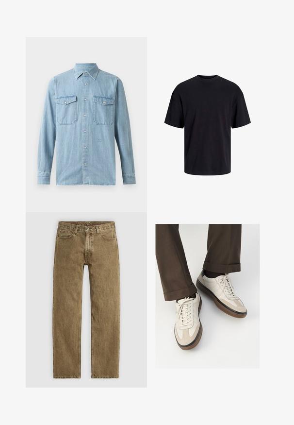 Lichtblauwe spijkerblouse met knoopsluiting aan de voorkant, spitse kraag, twee borstzakken en knopmanchetten. Glad textuur met minimale details.; Zwarte katoenen t-shirt met een ronde halslijn, korte mouwen en een relaxte pasvorm. Glad textuur en geen zichtbare patronen of accenten.; Lichtbruine denim jeans met een recht model, vijf zakken en hardware in koperkleur. Getextureerde stof met zichtbare stikdetails.; Beige sneakers met een leren voorkant van textuur-suède, gladde leren zijkanten en een bruine rubberen zool. Veters en lichte stikseldetails inbegrepen.