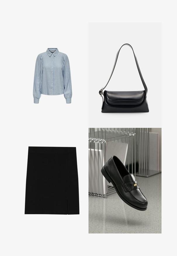 Lysblå skjorte med hvide lodrette striber, med klassisk krave og puflange ærmer med samlede manchetter.; Sort mini nederdel lavet af blødt stof med en tætsiddende design, der har en lille slids på siden for ekstra detalje.; Sorte læder loafers med en glat finish, der har et dekorativt bånd og en lille gylden detalje. Sålene er flade med en afrundet tå.; Sort læderhåndvask med en struktureret form, en glat overflade og en enkelt skulderrem. Har et subtilt, rundet klapdesign.