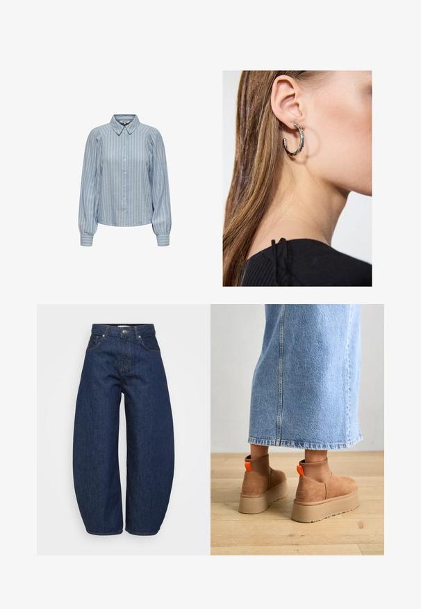 Šviesiai mėlyna marškinėlių palaidinė su baltais vertikaliais dryžiais, turinti klasikinį apykaklę ir pūstomis ilgomis rankovėmis su raukiniais ant riešo.; Aukštai juosmens tamsiai mėlynos džinsinės kelnės su plačiomis kojomis, priekyje esančiu mygtuku ir užtrauktuku, bei klasikine penkių kišenių išvaizda.; Rudos zomšiniai platforminiai batai su elastingomis šoniniais panirais ir oranžinėmis kilpomis, derinami su kelio ilgio šviesių džinsų sijonu ant medinių grindų.; Sidabrinė lankinė auskarai su poliruotu paviršiumi, turintys mažus auksinius akcentus ir apvalią formą, dėvimi ant ausies kaušelio.