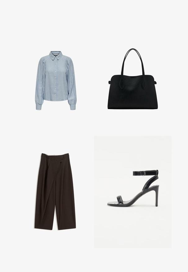 Cămașă bleumarin deschis, cu dungi verticale albe, având un guler clasic și mâneci lungi bufante cu manșete pliate.; Pantaloni largi de culoare maron închis, cu talie înaltă, având închiere cu un singur nasture și un față pliată. Confectionați dintr-un material ușor.; Sandalie negre cu toc, cu o finisare lucioasă, având două curele subțiri și o curea pentru gleznă, montate pe un toc subțire.; Geantă din piele neagră cu două mânere pentru umăr, formă rectangulară și design minimalistic pe un fundal alb.