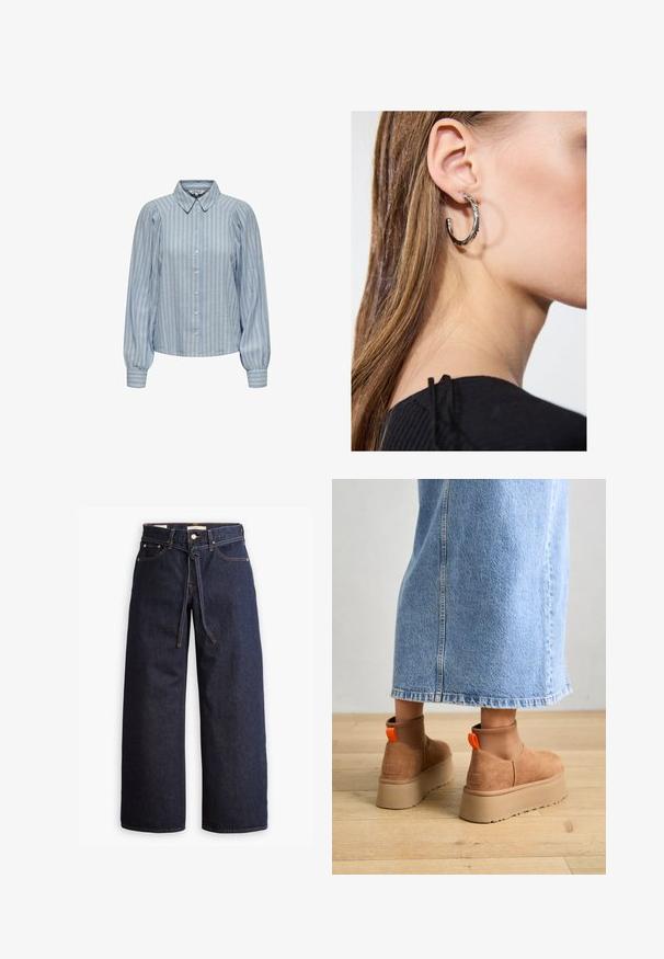 Vaaleansininen nappikauluspaita, jossa on valkoisia pystyraitoja. Paidassa on klassinen kaulus sekä puffatut pitkät hihat, joissa on kerätyt hihansuut.; Korkeavyötäröiset tummansiniset leveälahkeiset farkut, joissa on narunauhakuja, viisi taskua ja kontrastiväriset ompeluseikat.; Ruske mokasine z platformo in elastiko na straneh ter oranžnimi zategovalnimi trakovi, v kombinaciji z osnovno dolžino svetle denim krila na lesenem podu.; Hopea renkaankorvakoru kiiltävällä pinnalla, jossa on pieniä kultaisia yksityiskohtia ja pyöreä muoto, käytetty korvalla.