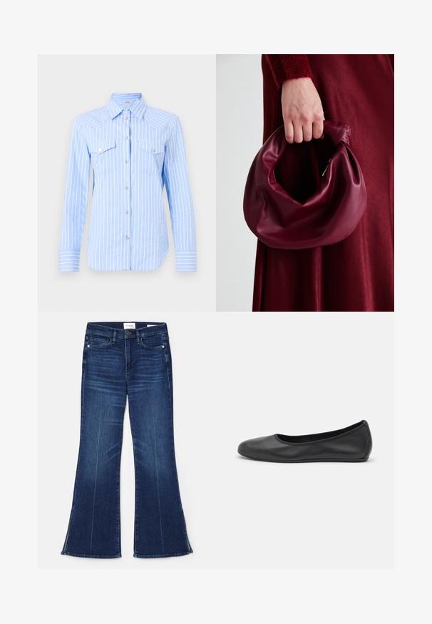 Gaiši zils svītrains krekls ar garām piedurknēm, divām krūšu kabatām un sudraba krāsas pogām. Audums izskatās gluds un viegls.; Tumši zili zvērīši, izgatavoti no denima. Iespējas augsta jostasvieta, priekšējās kabatas un šķēlumi apakšmalā. Klasisks piecu kabatu dizains.; Melna ādas baleta kurpe ar noapaļotu purngalu, gludu tekstūru, minimālu šuvju detalizāciju un elastīgu zoles dizainu.; Burgundijas ādas rokassoma ar mīkstu, sakrautu dizainu un apaļu formu. Rokturi ir nostiprināti, parādot gludu tekstūru.