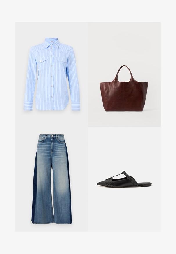 Hellblau gestreiftes Hemd mit langen Ärmeln, zwei Brusttaschen und silberfarbenen Knöpfen. Der Stoff wirkt glatt und leicht.; Weite Jeans mit zwei unterschiedlichen Farbtönen, hellblauer Vorderseite und dunkelblauen Seitenteilen, klassischem Taillenbund und Knopfverschluss.; Schwarzer Leder-Slingback-Schuh mit spitzem Zehenbereich, ausgestattet mit einem geflochtenen Akzent und einem gefalteten Oberdesign. Flache Sohle mit minimalem Zubehör.; Braune Leder-Umhängetasche mit glatter Textur, breitem Korpus und zwei kurzen Griffen. Verfügt über minimale Nähte, keine sichtbaren Beschläge oder Akzente.