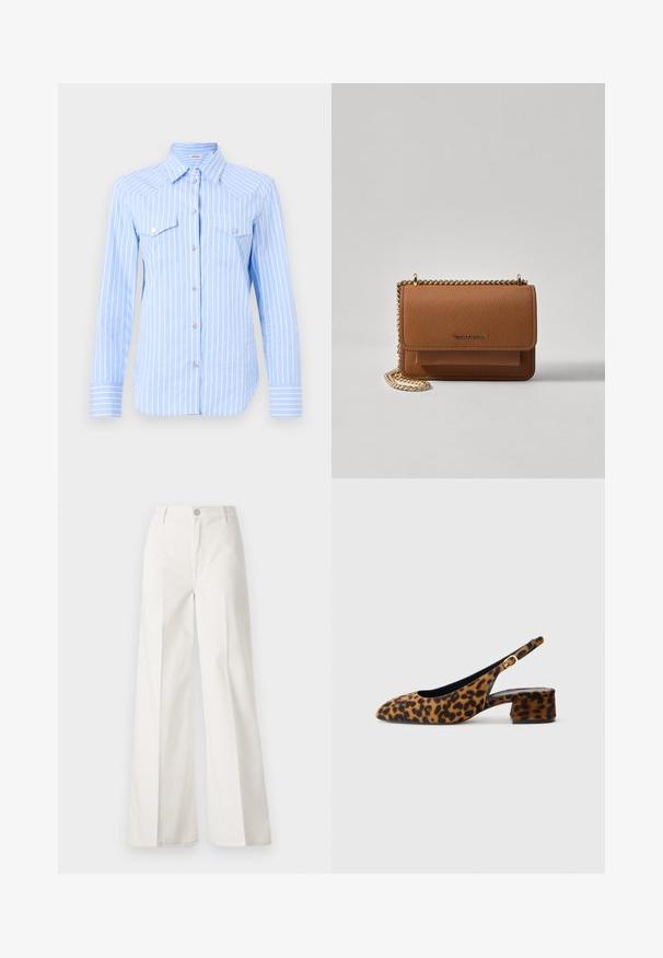 Camicia button-up a righe blu chiaro con maniche lunghe, due tasche sul petto e bottoni in tono argento. Il tessuto sembra liscio e leggero.; Pantaloni bianchi a gamba larga realizzati in cotone con una texture liscia. Presentano un bottone anteriore, una zip e un design a quattro tasche.; Scarpa slingback da donna in stampa leopardata con tacco basso a blocco e fibbia dorata sul cinturino laterale, mostrata in profilo su sfondo semplice.; Borsa a tracolla in pelle marrone con texture, dotata di catena dorata e chiusura a pattina. Sul davanti presenta un dettaglio con logo e una tasca sotto la pattina.