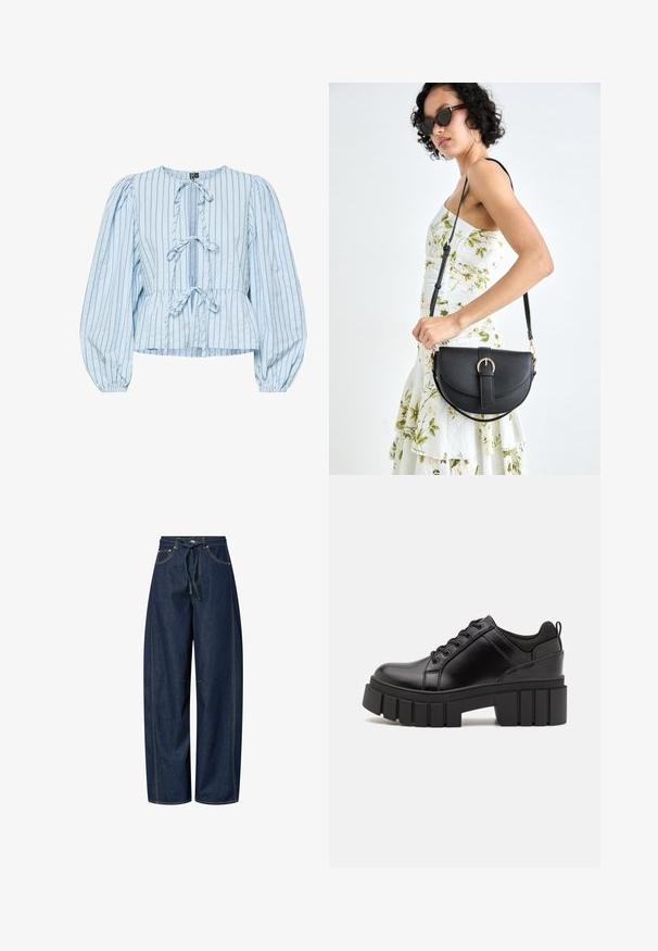 Svetlo modra peplum bluzica iz črtastega bombaža. Ima okroglo ovratnico, sprednje zapiranje s trakcem, napihnjene rokave in nabranje na pasu.; Široke denim hlače v temno modri barvi z vrvico za prilagajanje pasu, kontrastnim šivanjem in dvema sprednjima žepoma. Gladka tekstura, sproščen kroj.; Črne usnjene platforme z debelim blokastim petam, okroglo konico in klasičnim vezanjem. Imajo gladko teksturo in minimalne podrobnosti.; Črna usnjena torbica s ukrivljeno obliko, z odstranljivo naramnico in zlatimi dodatki. Torbica ima pokrov s podrobnostmi v obliki zaponke.