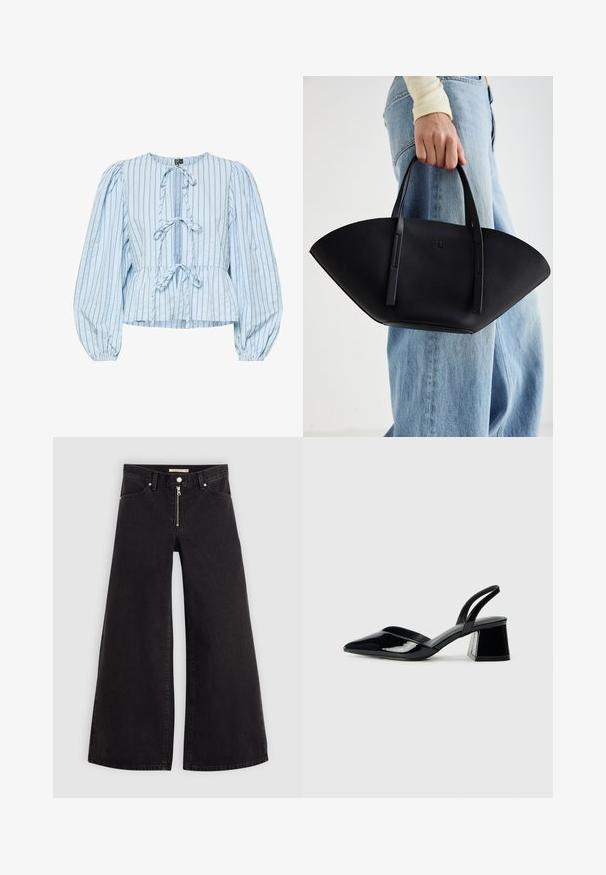 Lyseblå peplum-bluse i stribet bomuld. Har en rund hals, frontbåndlukning, puffærmer og samlet detaljer ved taljen.; Vide benbukser i sort denim med glidelås i front, fem-lomme design og subtile sømdetaljer. Glatt tekstur og avslappet stil.; Svarte patentlær slingback hæler med spiss tå og geometrisk blokk hæl. Har et stilrent, minimalistisk design og jevn tekstur.; Svart skinnveske med en unik vifteform, med flate håndtak. Overflaten har en pebblelignende tekstur og et minimalistisk design.
