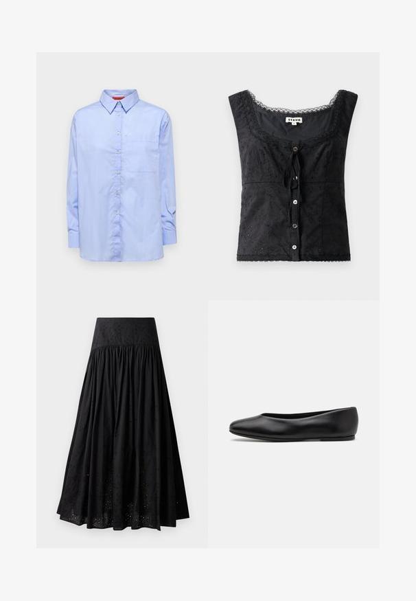 Hellblaues Langarmhemd mit Button-Down-Kragen, Fronttasche und glatter Stofftextur. Mit Knöpfen entlang der Vorderseite.; Schwarzes ärmelloses Oberteil mit floralem Stickmuster, rundem Halsausschnitt, Knopfverschluss und Spitzenverzierungen. Es verfügt über eine Schleife an der Vorderseite.; Schwarzer Maxirock aus Baumwolle mit besticktem Taillenbund. Mit gerafftem Stoff und durchbrochener Detailgestaltung am Saum.; Paul Smith TOPANGA - Klassischer Ballerina - black