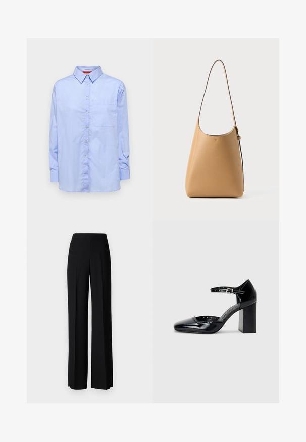 Light blue long-sleeve shirt with a button-down collar, front pocket, and a smooth fabric texture. Features buttons along the front.; Black wide-leg trousers with a smooth texture, featuring a high waistband and center pleats. No visible patterns or hardware details.; Black patent leather high-heeled shoes with a square toe, ankle strap, and a chunky heel. Includes perforated detailing along the rim.; Leather shoulder bag in light tan with a smooth texture, minimalist design, a single curved strap, and subtle hardware detailing.